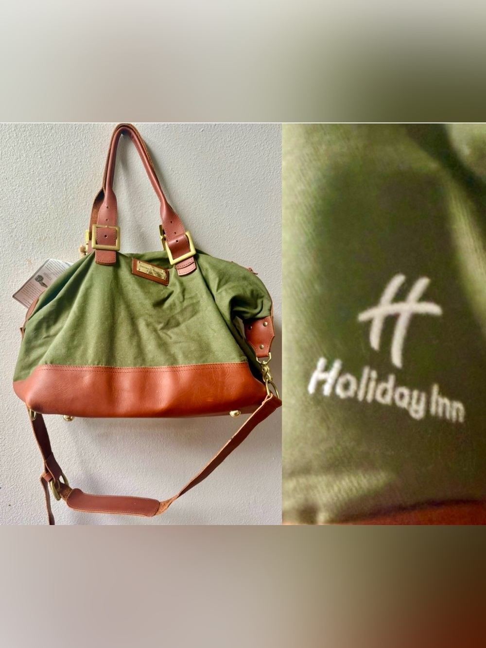 SWORD & PLOW HOLIDAY INN BRANDED GREEN CANVAS/LEATHER CAMO LINED DUFFLE BAG~NWT